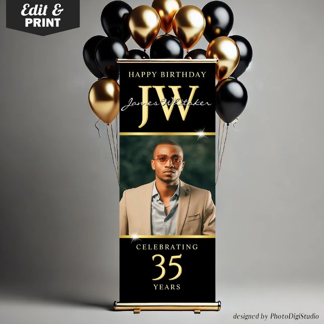 Custom Initials Birthday Banner Black Gold Any Age (Custom Initials Birthday Banner for All Ages, Elegant Black Gold Retractable Banner with Monogram)