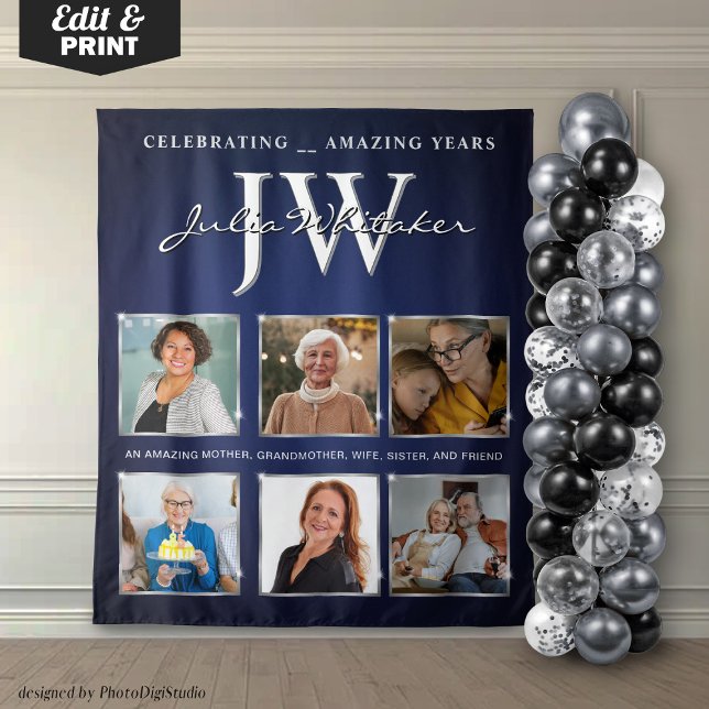 Custom Initials Birthday Banner Blue Silver  Tapestry (Custom Initials Birthday Banner Blue Silver Tapestry)