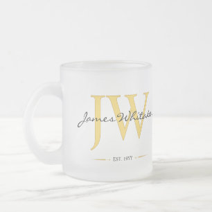 Custom Initials Birthday Mug, Black Gold Frosted Glass Coffee Mug
