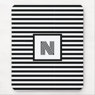 Custom initials Black and White Striped  Mouse Mat