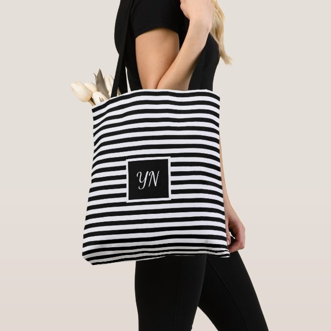 Custom initials Black and White Striped  Tote Bag (Close Up)