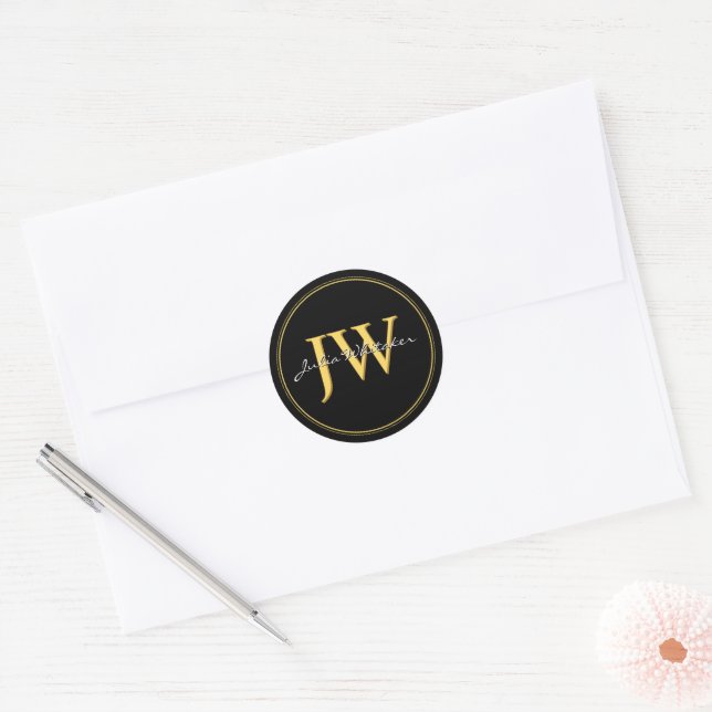 Custom Initials Black Gold  Classic Round Sticker (Envelope)