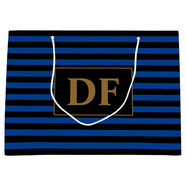 Custom Initials Blue/Black Stripes Large Gift Bag (Front)