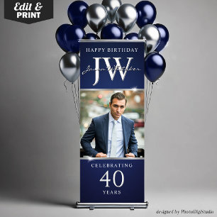 Custom Initials Blue Silver Decor 40th Birthday  Retractable Banner
