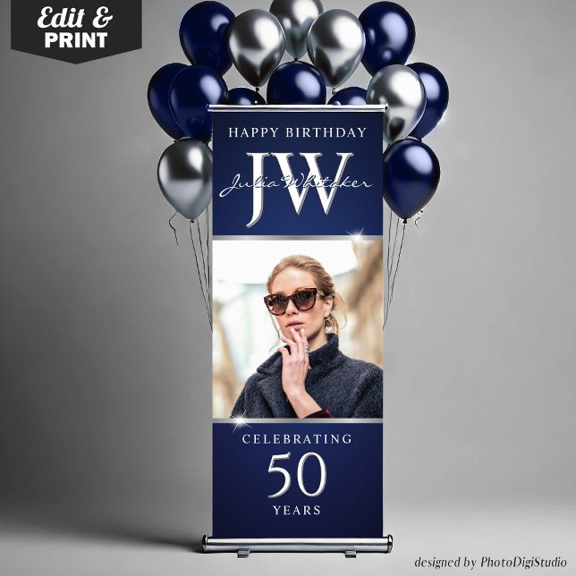 Custom Initials Blue Silver Decor 50th Birthday  Retractable Banner (Custom Initials Blue Silver Decor 50th Birthday Retractable Banner)