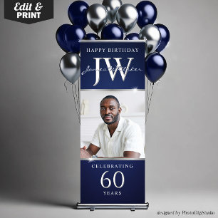 Custom Initials Blue Silver Decor 60th Birthday  Retractable Banner