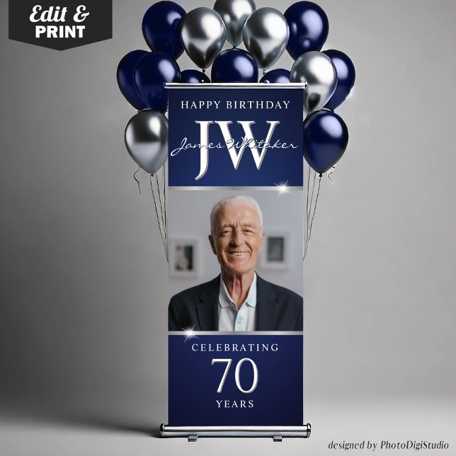 Custom Initials Blue Silver Decor 70th Birthday Retractable Banner (Custom Initials Blue Silver Decor 70th Birthday Retractable Banner)