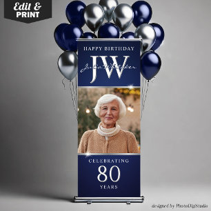 Custom Initials Blue Silver Decor 80th Birthday Retractable Banner