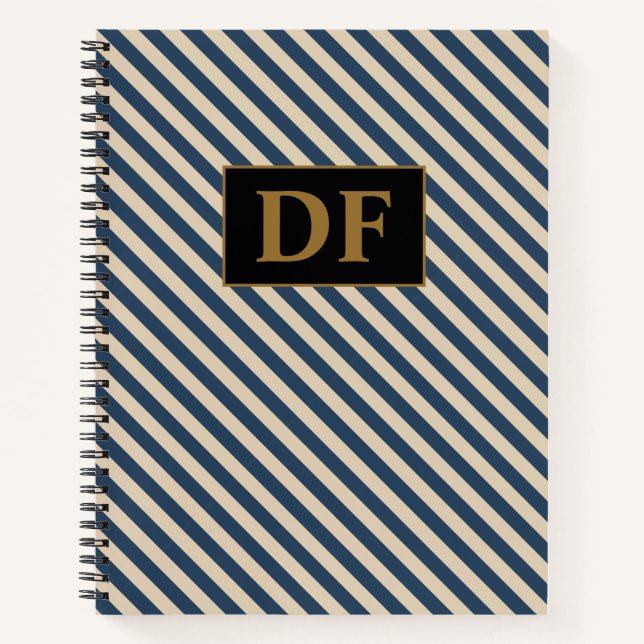 Custom Initials Blue/Vanilla Stripes Notebook (Front)
