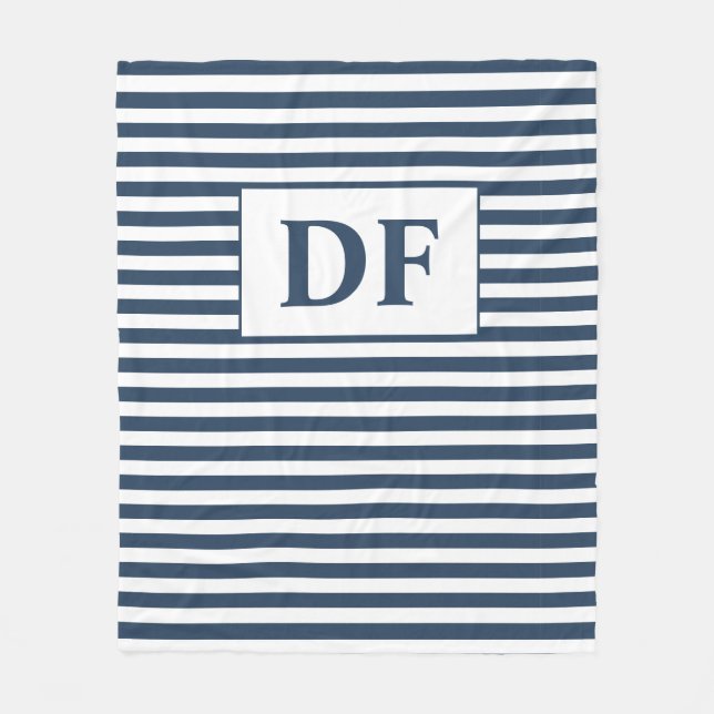 Custom Initials Blue/White Stripes Fleece Blanket (Front)