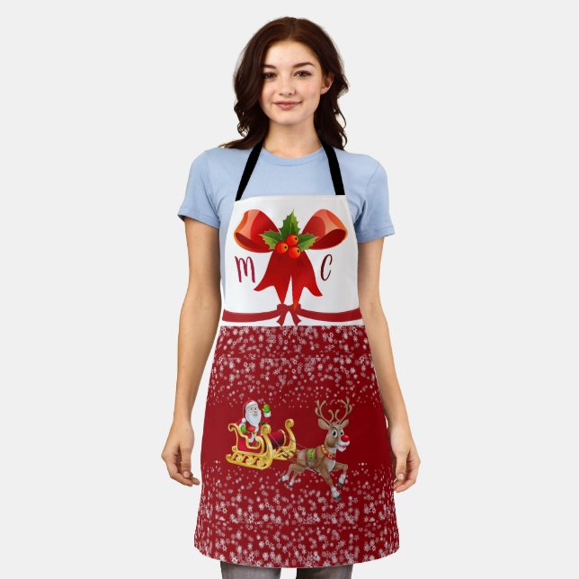 Custom Initials Christmas Snowflakes Santa Red Apron (Worn)