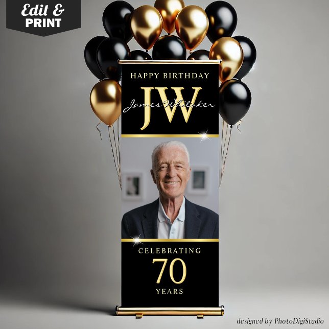 Custom Initials Decor, Black Gold Photo Birthday  Retractable Banner (Custom Initials 70th Birthday Banner, Elegant Black Gold Retractable Banner with Monogram)