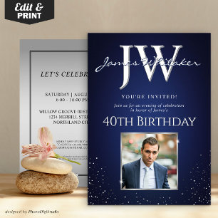 Custom Initials Elegant 40th Birthday Blue Silver Invitation