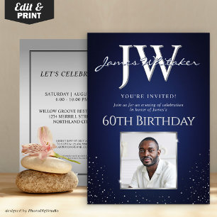 Custom Initials Elegant 60th Birthday Blue Silver Invitation