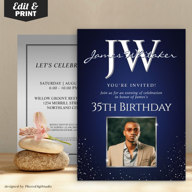 Custom Initials Elegant Birthday Blue Silver Invitation (Custom Initials Elegant Birthday Blue Silver Invitation)