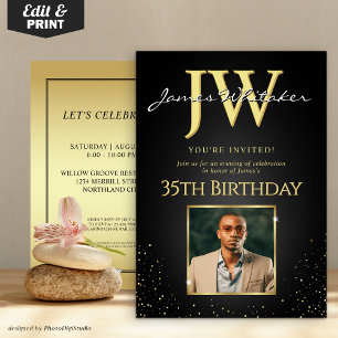 Custom Initials Elegant Black Gold 35th Birthday Invitation