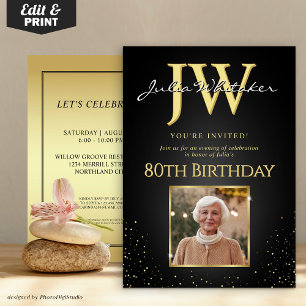 Custom Initials Elegant Black Gold 80th Birthday Invitation