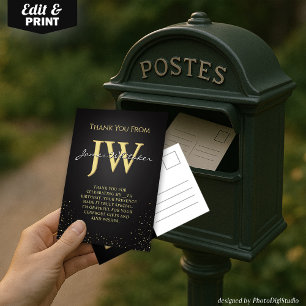 Custom Initials Elegant Black Gold Thank You Card