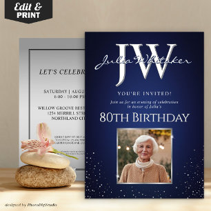 Custom Initials Elegant Blue Silver 80th Birthday Invitation