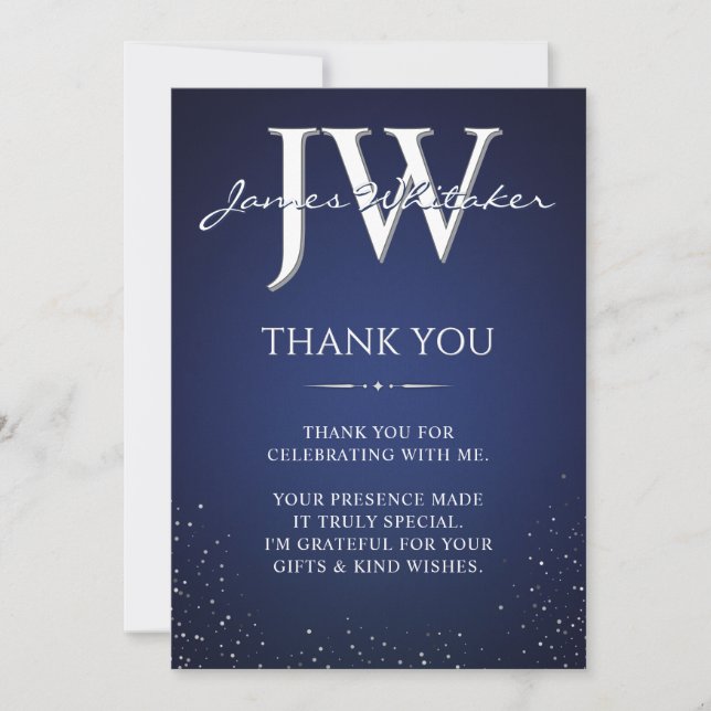 Custom Initials Elegant Blue Silver Thank You Card (Front)