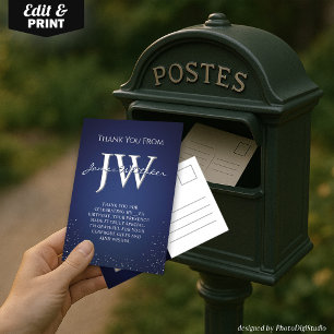 Custom Initials Elegant Blue Silver Thank You Card