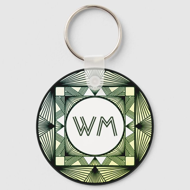 Custom Initials Elegant Manly Green Chic Art Deco Key Ring (Front)