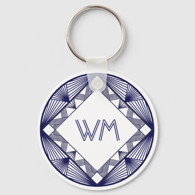 Custom Initials Elegant Manly Navy Blue Deco Frame Key Ring (Front)