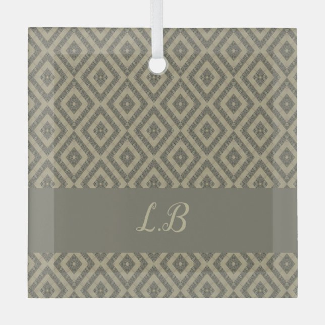 Custom initials grey brown pave bricks pattern glass tree decoration (Front)