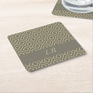 Custom initials grey brown pave bricks pattern square paper coaster