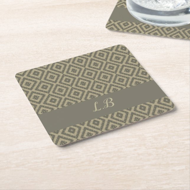 Custom initials grey brown pave bricks pattern square paper coaster (Angled)