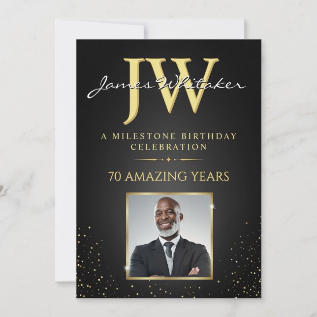 Custom Initials Invite, Black Gold Photo Birthday Invitation (Front)