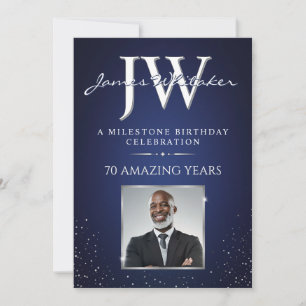 Custom Initials Invite, Blue Silver Photo Birthday Invitation