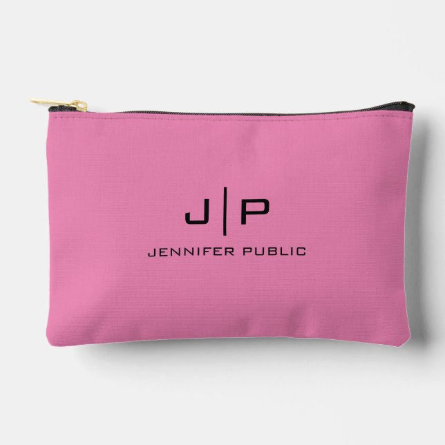 Custom Initials Letter Elegant Solid Pink Monogram Accessory Pouch (Front)