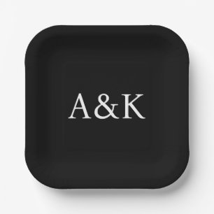 Custom Initials on Black Wedding Paper Plate