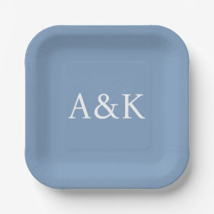 Custom Initials on Dusty Slate Blue Wedding Paper Plate