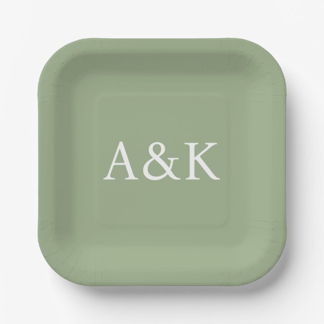 Custom Initials on Sage Green Wedding Paper Plate (Front)