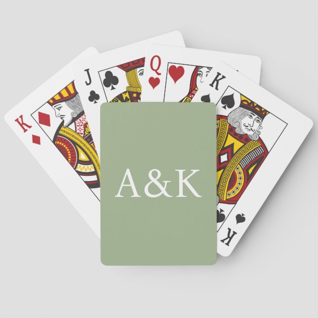 Custom Initials on Sage Green Wedding Playing Cards (Back)