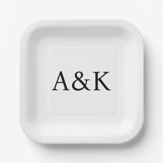 Custom Initials on White Wedding Paper Plate (Front)