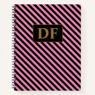 Custom Initials Pink/Black Stripes Notebook