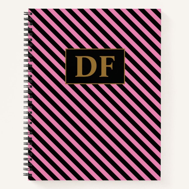 Custom Initials Pink/Black Stripes Notebook (Front)