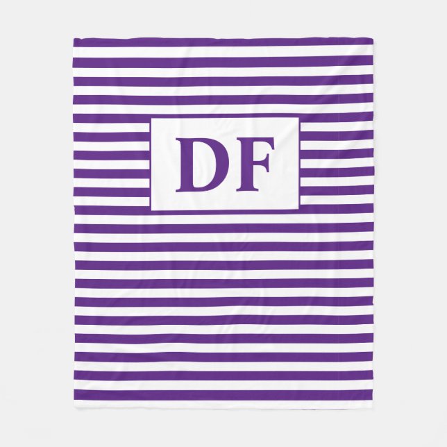 Custom Initials Purple/White Stripes Fleece Blanket (Front)