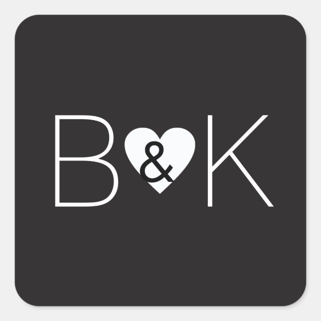 Custom initials with a white love heart... wedding square sticker (Front)