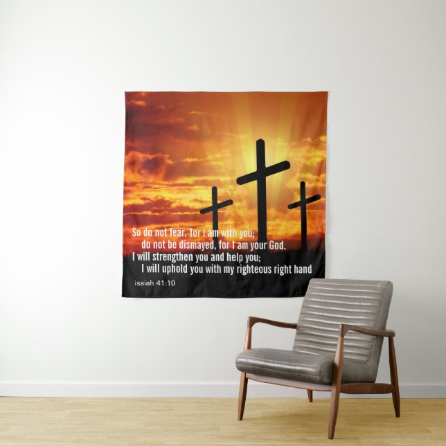 Custom Inspirational Bible Verse Cross Sunset Tapestry (In Situ)