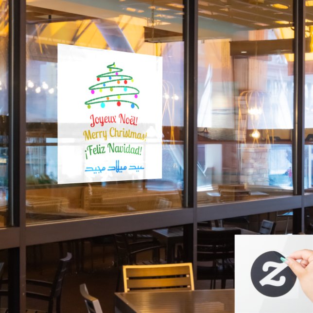 Custom International Merry Christmas Festive Tree Window Cling (Restaurant Window)