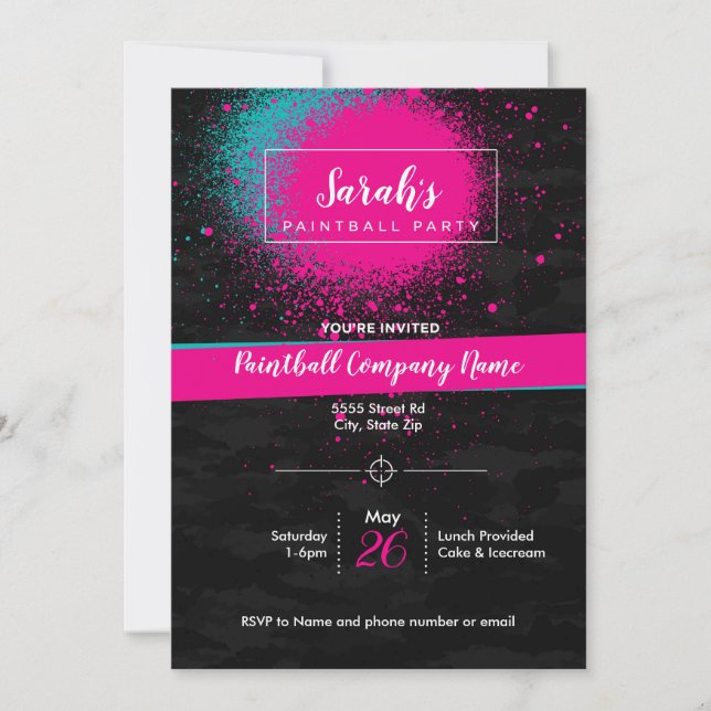 Custom Invitation for Paintball Party for a Girl (Front)