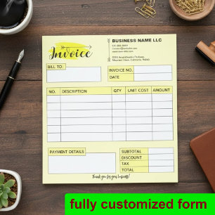 Custom Invoice Receipt, Yellow Small Business Name Notepad
