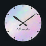 Custom Iridescent Script Monogram Name Round Clock<br><div class="desc">Add a touch of modern elegance to any room with this minimalist iridescent wall clock. Perfectly blending style and personalisation, this clock allows you to add your name or a special word in graceful script font, making it a unique and eye-catching statement piece for your space. A beautiful addition to...</div>