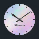 Custom Iridescent Script Monogram Name Round Clock<br><div class="desc">Add a touch of modern elegance to any room with this minimalist iridescent wall clock. Perfectly blending style and personalisation, this clock allows you to add your name or a special word in graceful script font, making it a unique and eye-catching statement piece for your space. A beautiful addition to...</div>