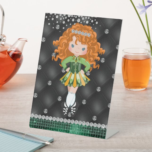 Custom Irish Dance Redhead Girl Green, Black Pedestal Sign (In SItu)