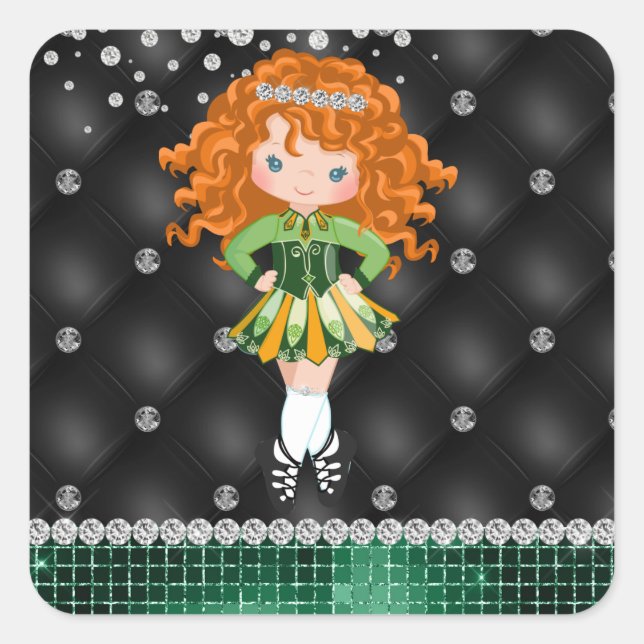 Custom Irish Dance Redhead Girl Green, Black Square Sticker (Front)